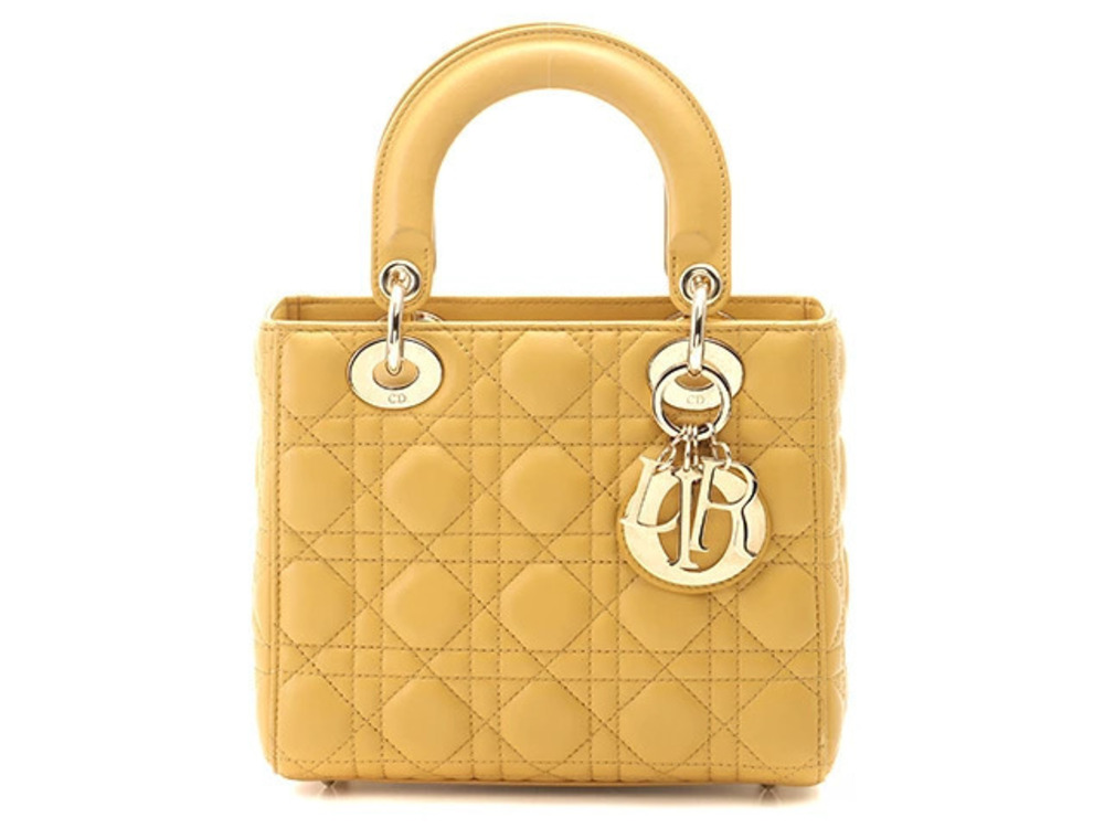 Christian Dior Cannage Lady 2way Shoulder Bag Lambskin Yellow